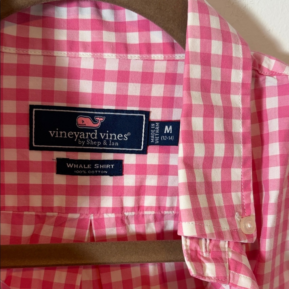 Vineyard Vines Boys Whale Shirt Gingham Button-Down Shirt Pink & White M(12-14) - Picture 2 of 5